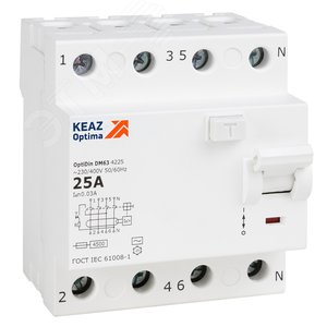 Выключатель дифференциального тока (УЗО) без защиты от сверхтоков 4П 25А 30мА AС 4,5кА OptiDin DM63-4225-AC-4,5-УХЛ4