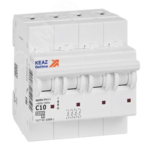 Изображение товара Выключатель автоматический четырехполюсный 10А C 4,5кА AC OptiDin BM63-4C10-4,5-УХЛ3 (шт)