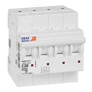 Изображение товара Выключатель автоматический четырехполюсный 20А C 4,5кА AC OptiDin BM63-4C20-4,5-УХЛ3 (шт)