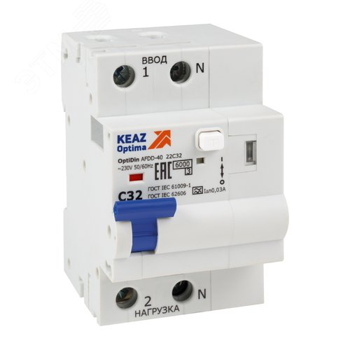 Изображение товара Устройство защиты от дугового пробоя (УЗДП) с АВДТ и защ. от пов. напряж. OptiDin AFDD-40-22C32-A-У3 (2P, C32, 30mA, Uоткл 275В) (шт)