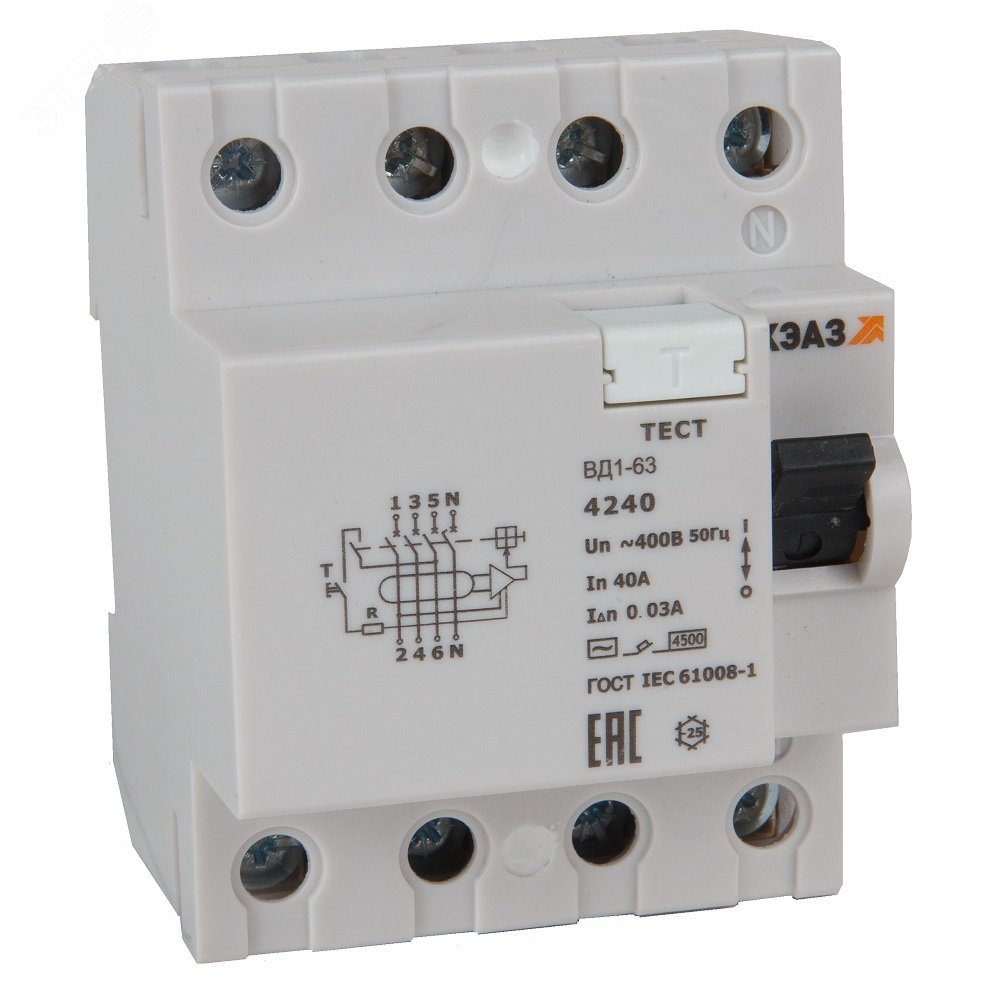 Выключатель дифференциального тока (УЗО) без защиты от сверхтоков 4П 40А 100мА ВД1-63-4340-АС-УХЛ4 318486 КЭАЗ