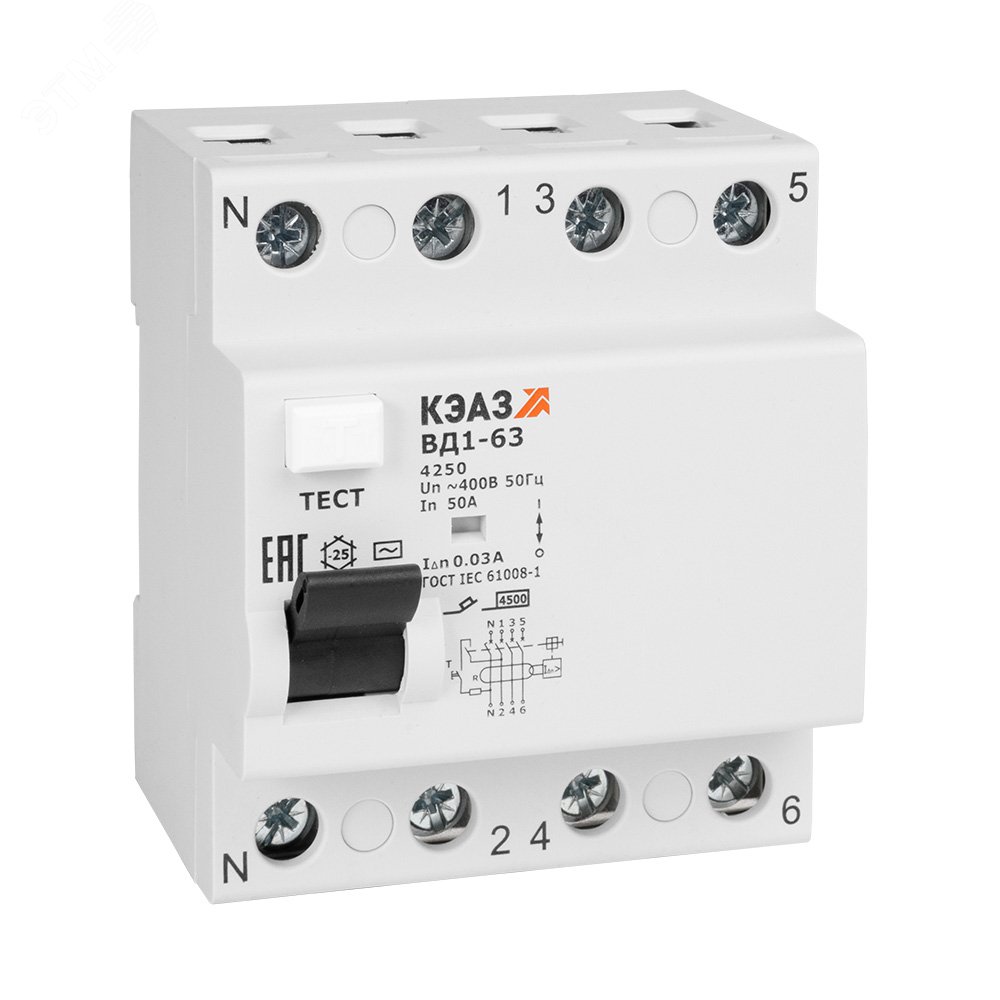 Выключатель дифференциального тока (УЗО) без защиты от сверхтоков 4П 40А 30мА ВД1-63-4240-А-УХЛ4- 221971 КЭАЗ