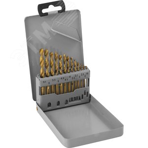 Изображение товара Набор спиральных сверл по металлу HSS TiN в металлическом кейсе, d1.5-6.5 мм, 13 предметов (шт)