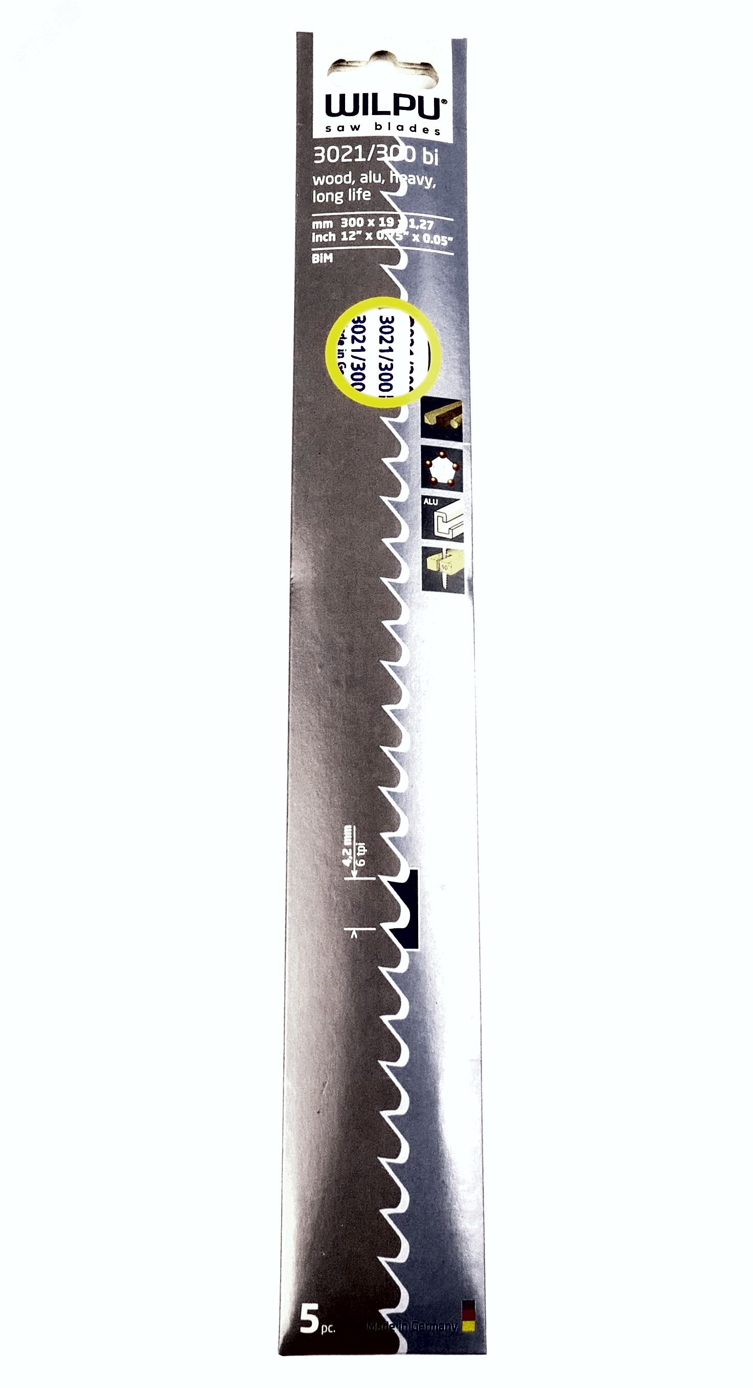Изображение товара Полотно сабельное 3021/300 bi х 5 шт/уп Bi-metall по дереву, быстрый прямой рез (упак)