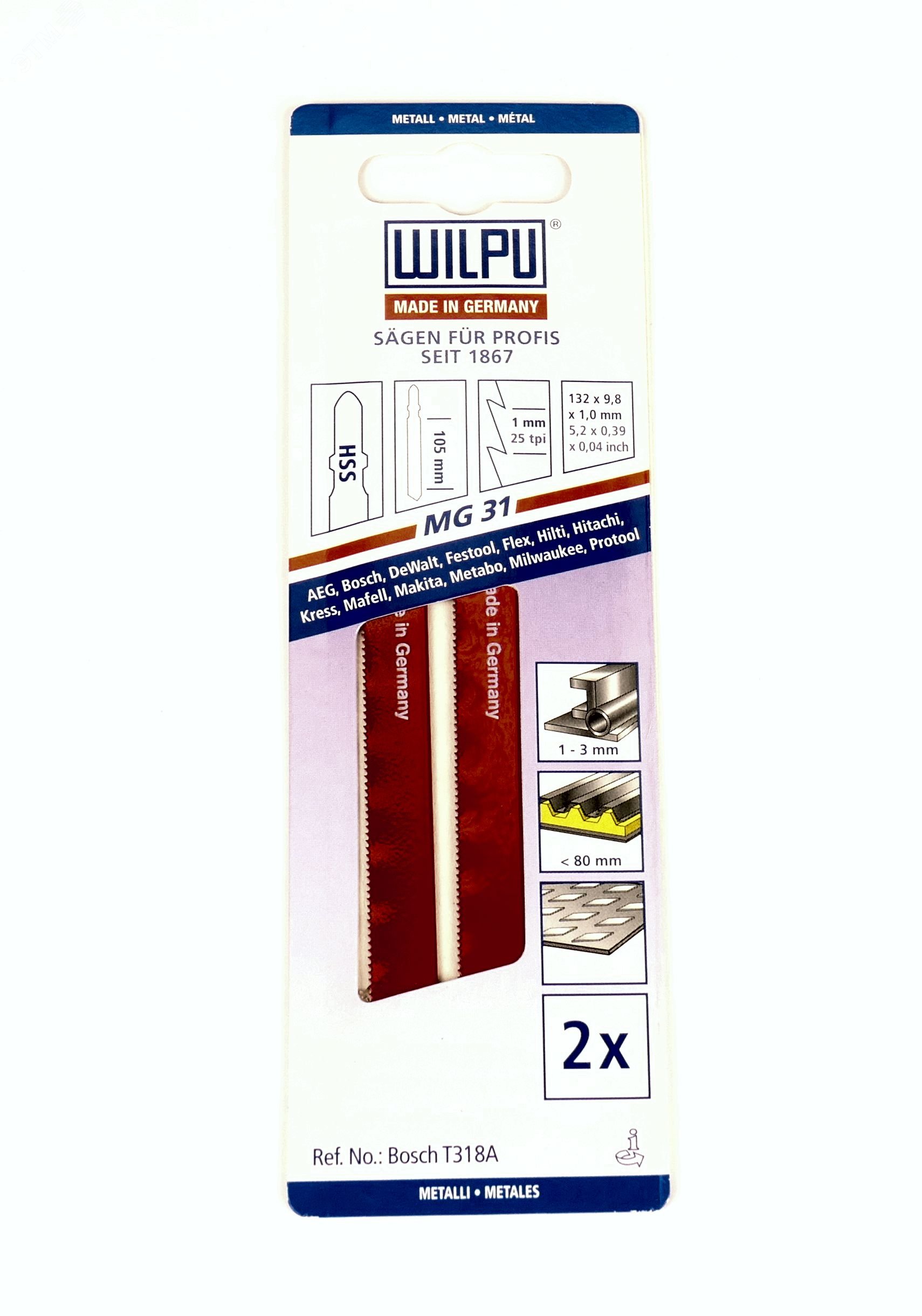 Пилка для лобзика MG 31 х2шт/уп (аналог Т318A) для стали, профилей, труб до 80мм 0257000002 WILPU