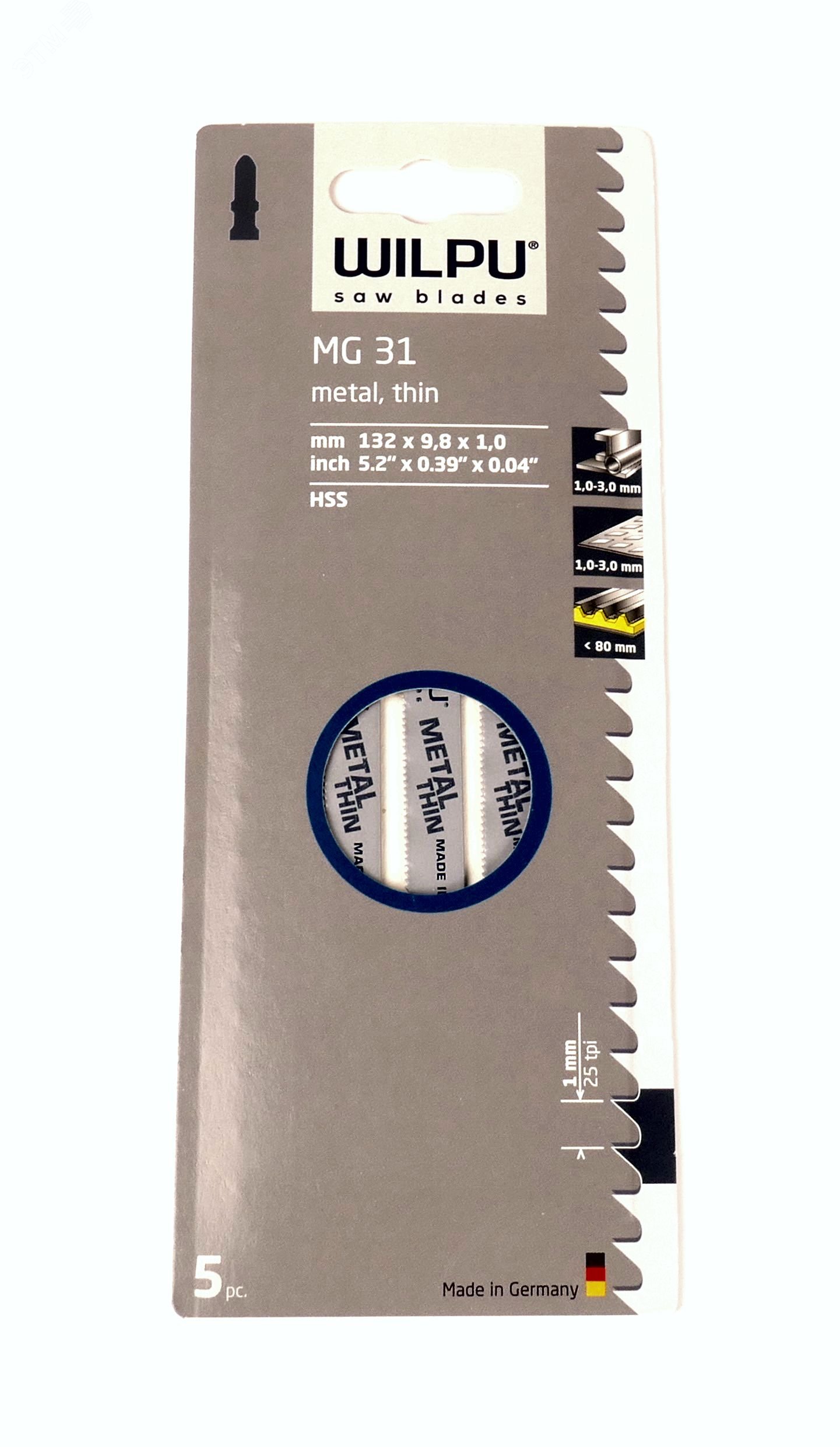 Пилка для лобзика MG 31 х5шт/уп (аналог Т318A) для стали, профилей, труб до 80мм 0257000005 WILPU