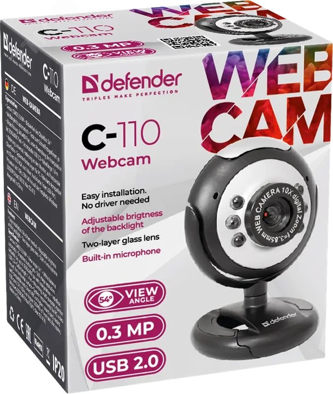 Веб-камера C-110 0.3 МП, подсветка, кнопка фото 63110 Defender - превью 7