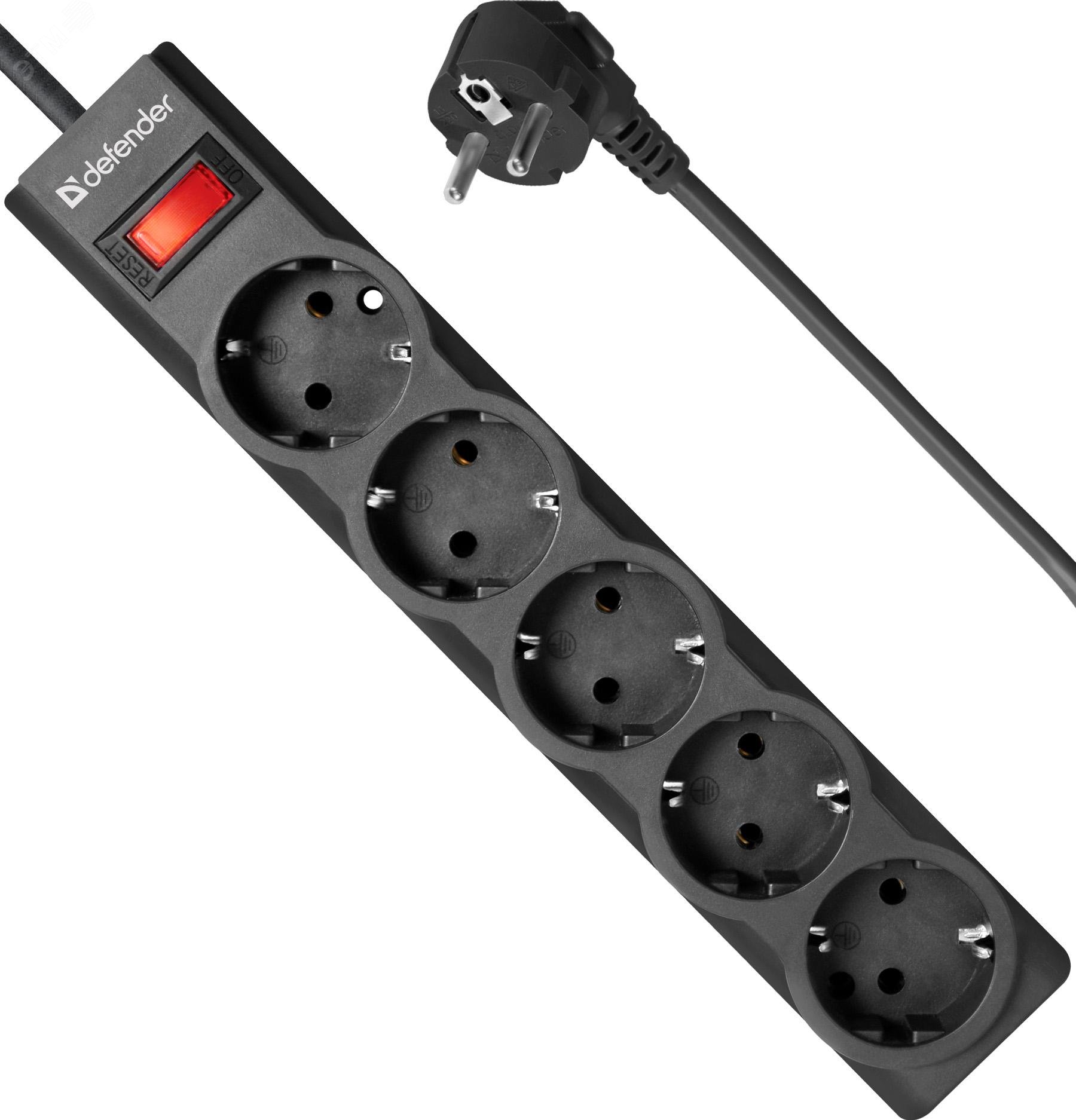 Изображение товара Удлинитель сетевой с фильтром Defender 5 розеток 3м черный