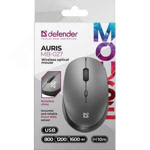 Мышь беспроводная Auris MB-027, оптическая, 4D, 800-1600dpi, бесшумные кнопки, серый 52029 Defender - 4