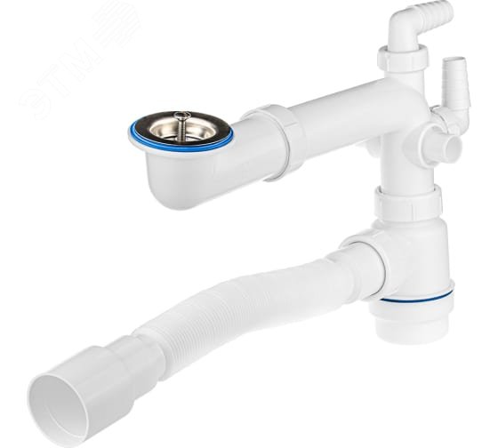 Изображение товара Сифон для умывальника 1 1/2'х40, телескопический (выпуск с нержавеющей решеткой, 4 отвод для ст иральной машинки) с гофротрубой 40х40/50 (шт)