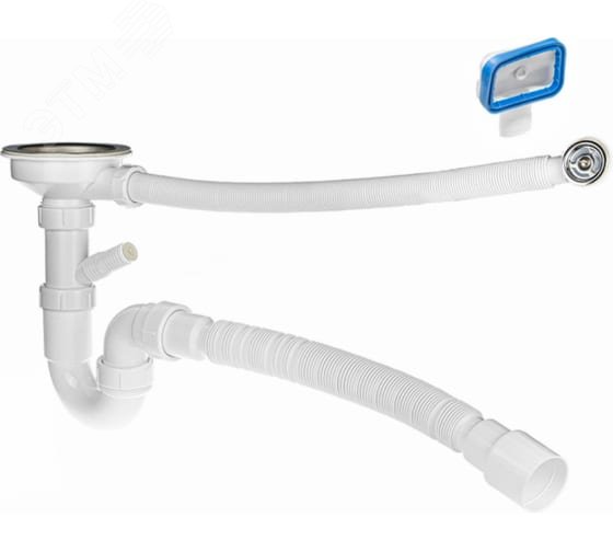 Изображение товара Сифон 2 в 1 для кухни прямой 3 1/2'х40 (нержавеющ я чашка, 2 перелива, без отведения для стиральной машинки), с гофротрубой, с отводом (шт)