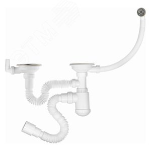 Изображение товара Сифон для кухни 3 1/2х40 двойной УНИВЕРС. (нержавеющая чашка, 2 перелива, с/без отведения для стиральной машинки) с гофротрубой 40х40/50 (шт)