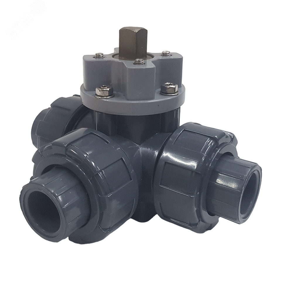 Изображение товара TECHNO 3015T-PVC трехходовой шаровой кран ПВХ под привод DN15, рабоч. темп. -10~50°C (шт)