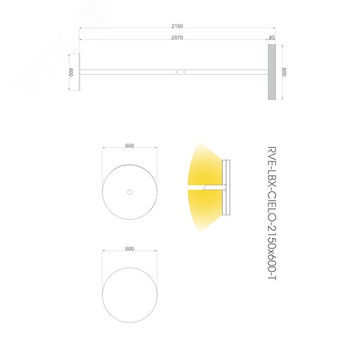 Светильник светодиодный RVE-LBX-CIELO-2150х600-T (Торшер круг 600х600х80мм Вниз 42Вт напольный 4000K стойка 2060х400мм черный) - фото 3