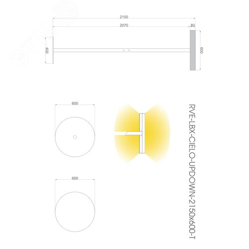 Светильник светодиодный RVE-LBX-CIELO-UPDOWN-2150х600-T (Торшер круг 600х600х80мм 84Вт напольный 4000K стойка 2060х400мм черный) - фото 4