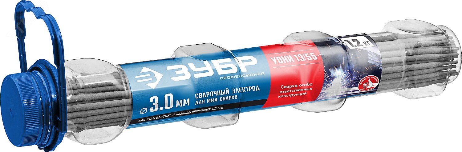Изображение товара Электроды УОНИ 13/55 с основным покрытием, d 3.0x350 мм, 1,2 кг в ПВХ тубе, Профессионал. (уп)