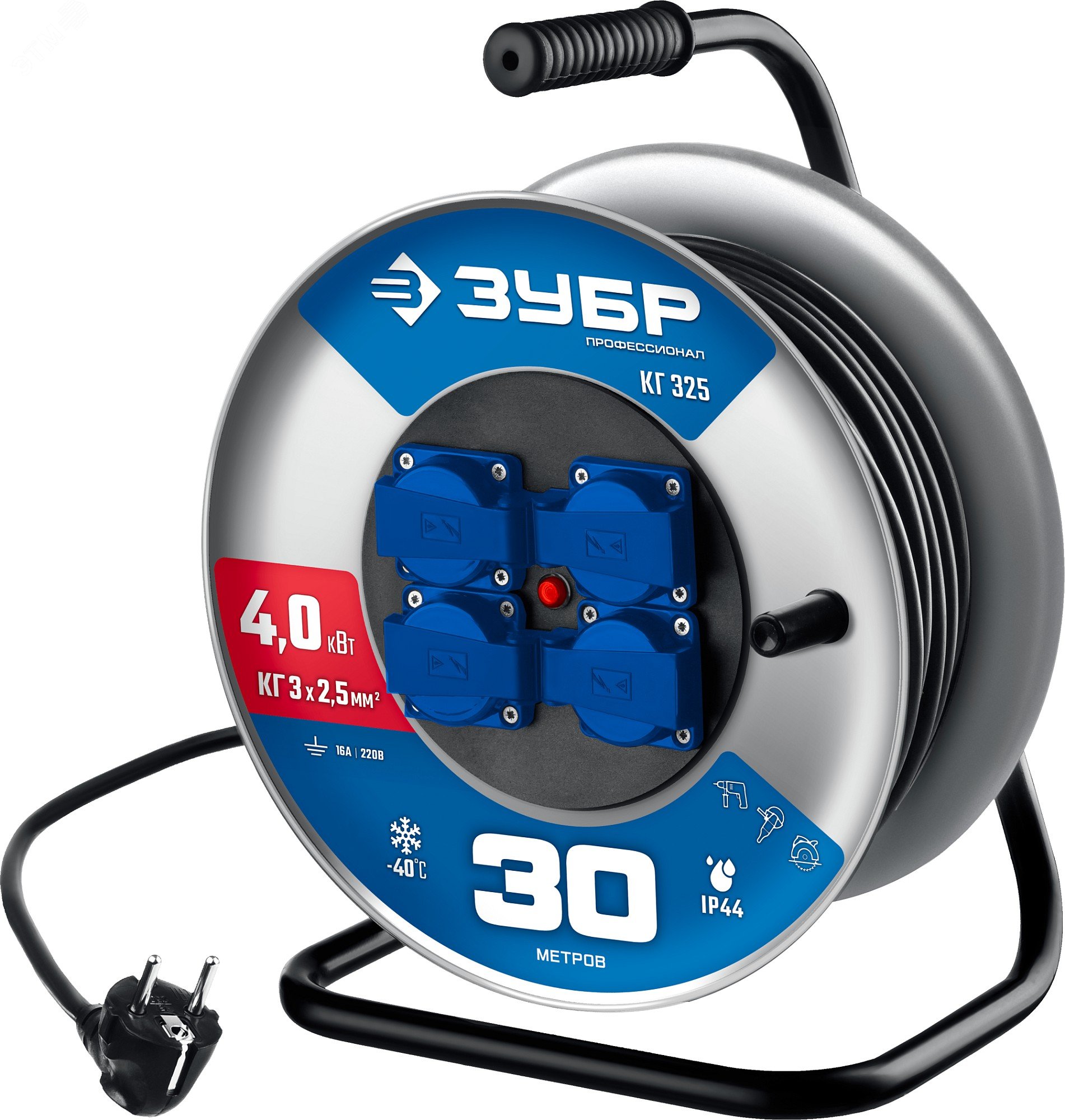 Изображение товара Удлинитель силовой на стальной катушке КГ-325, КГ, 3 x 2.5 мм2, 30 м, 4000 Вт, IP44, Профессионал (шт) Изображение товара Удлинитель силовой на стальной катушке КГ-325, КГ, 3 x 2.5 мм2, 30 м, 4000 Вт, IP44, Профессионал (шт)