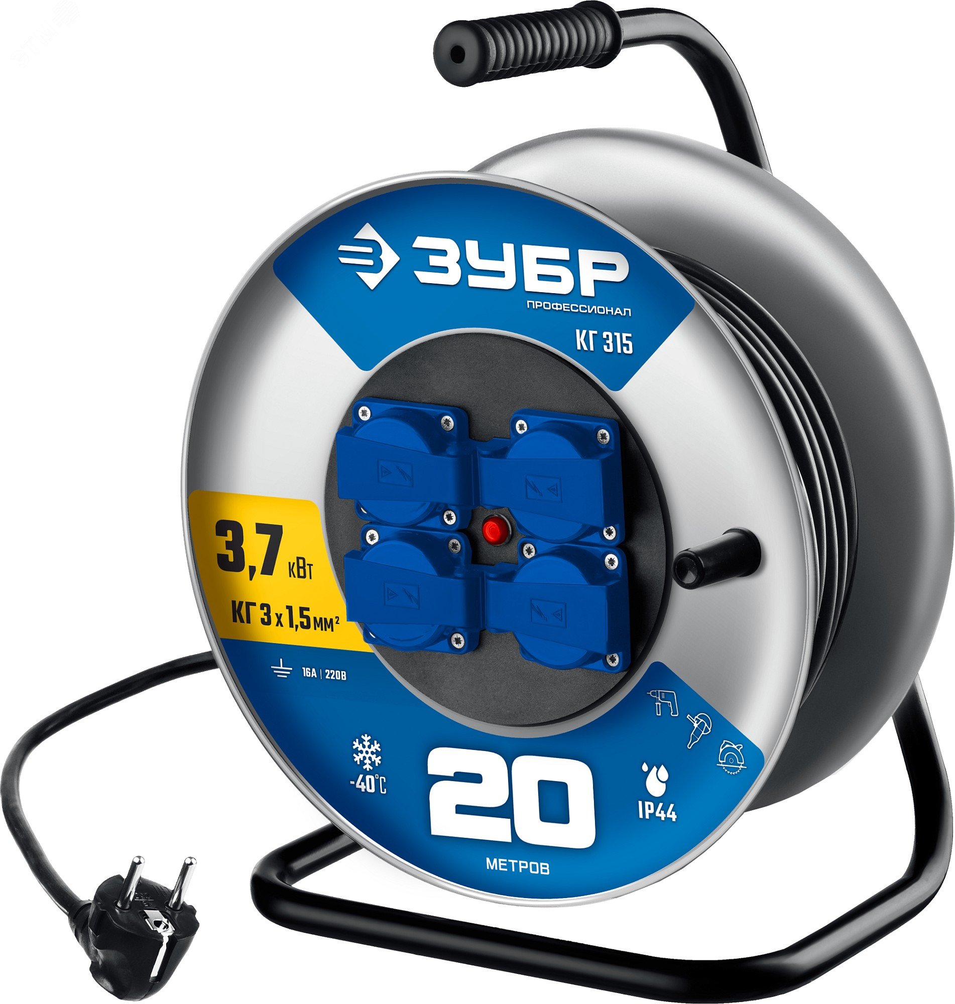 Изображение товара Удлинитель силовой ЗУБР КГ-315 IP44 20 м 4 розетки 16 А 220 В