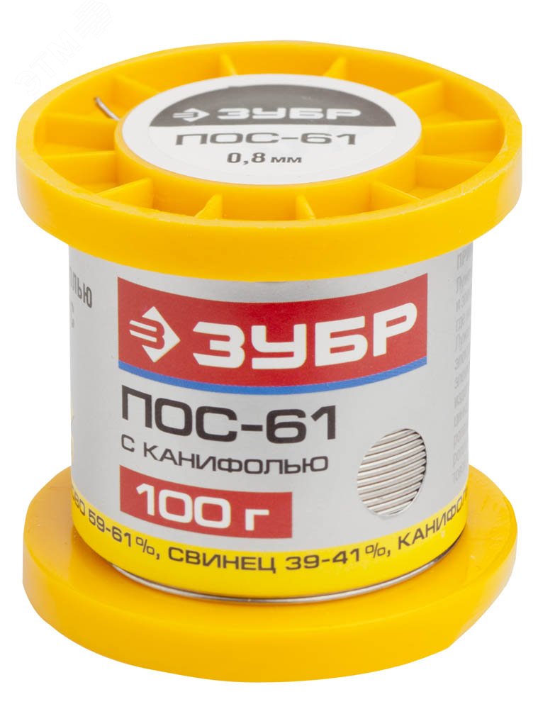 Изображение товара Припой , ПОС 61, трубка с канифолью, 100г, 0,8мм (шт)