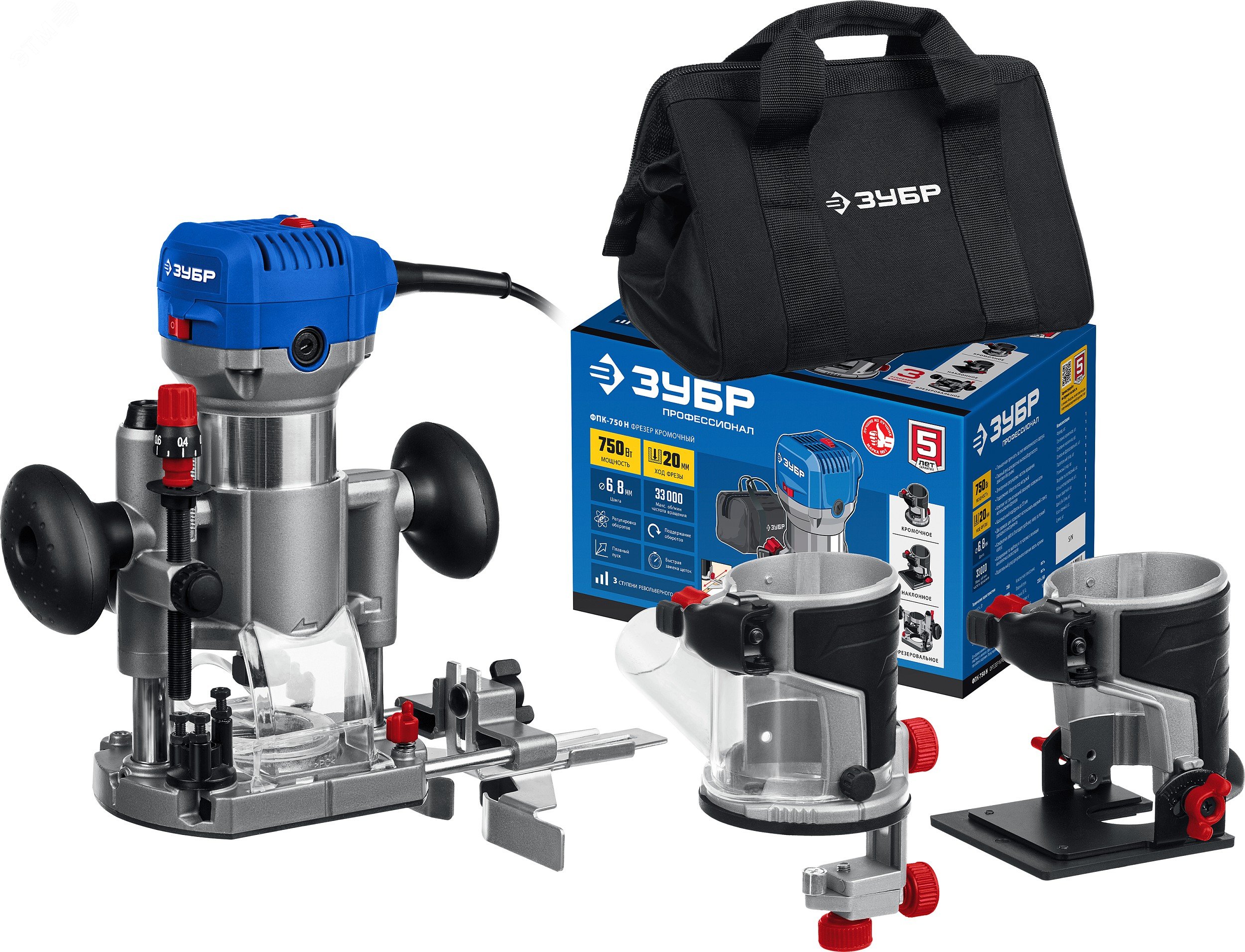 Изображение товара Фрезер кромочный ЗУБР 750 Вт с сумкой и двумя цангами профессиональный