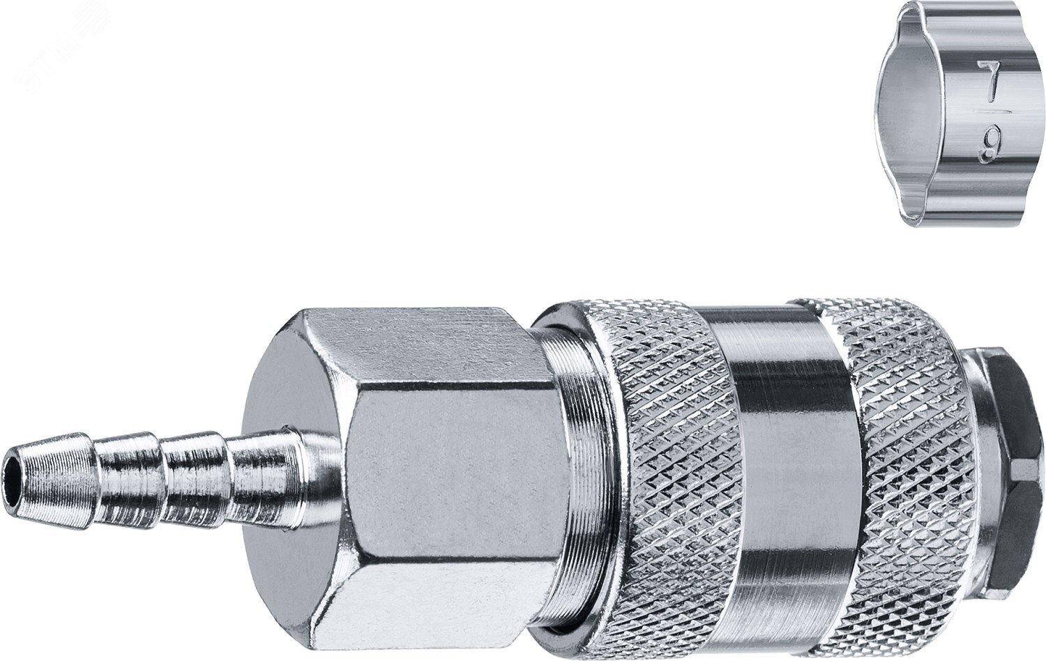 Изображение товара Переходник штуцер ''елочка'' 6 мм - рапид муфта, с хомутом Профессионал (шт)
