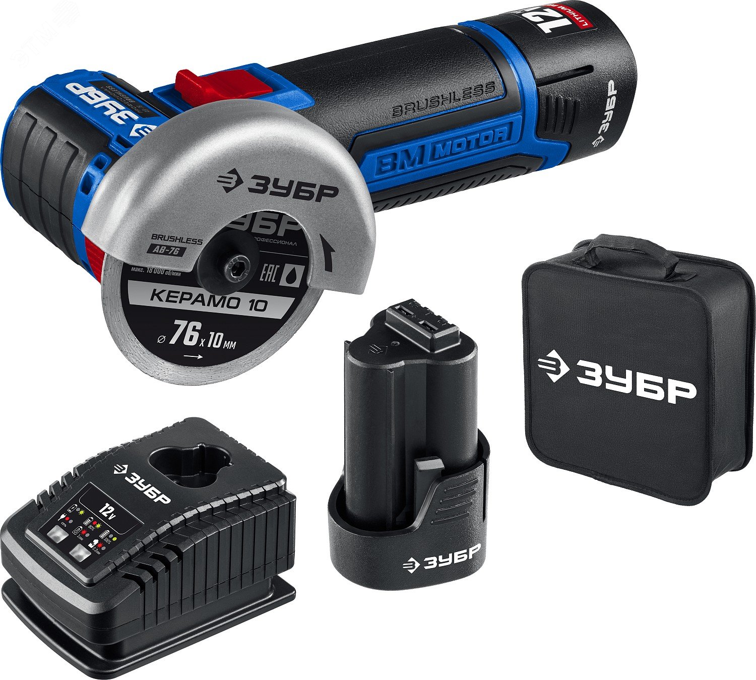 Изображение товара Бесщеточная УШМ 12В, 2 АКБ (2Ач), в сумке, Профессионал (шт)