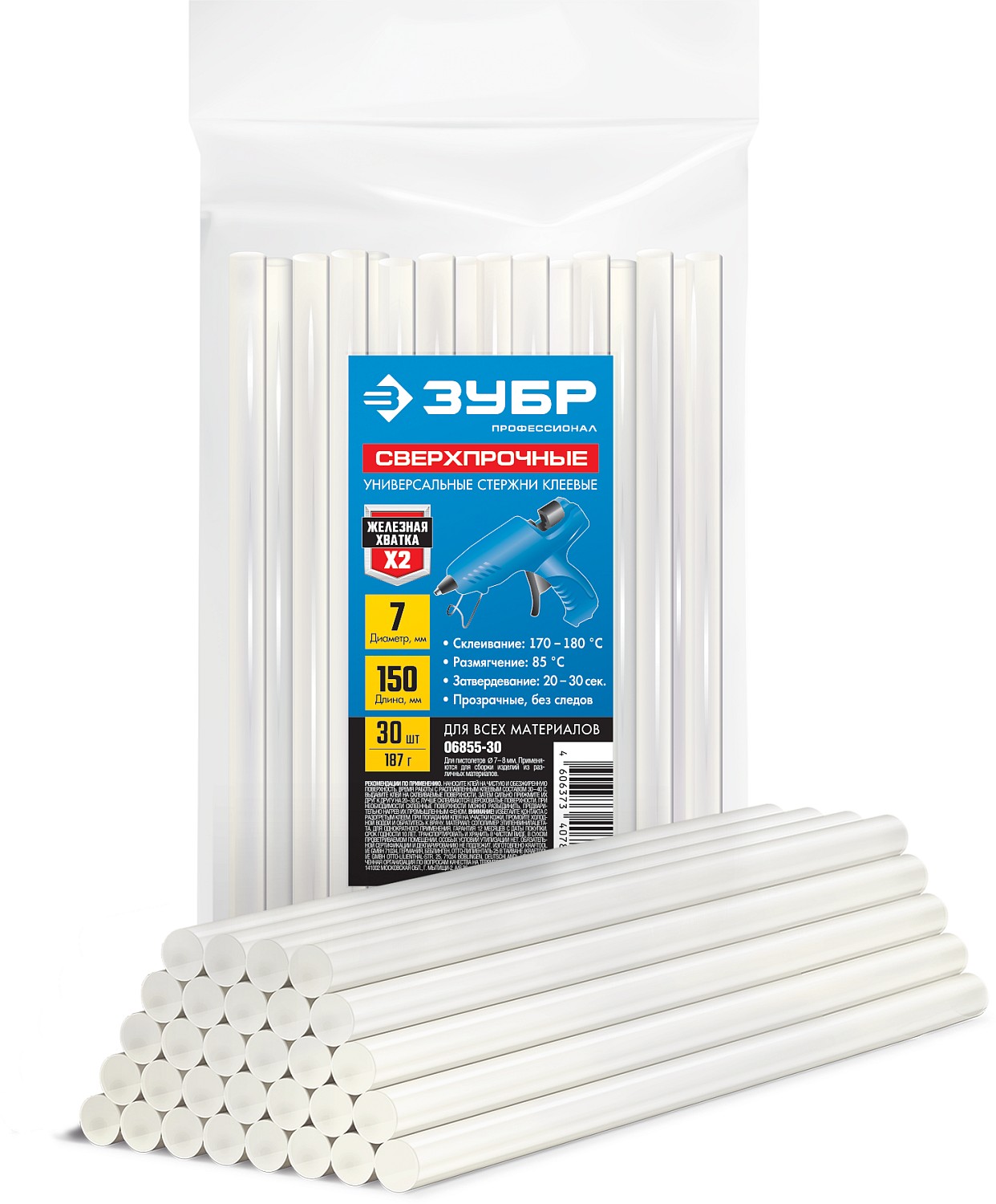 Стержни прозрачные сверхпрочные клеевые Профессионал, d 7x150 мм (7-8 мм) 30 шт. 187 г
