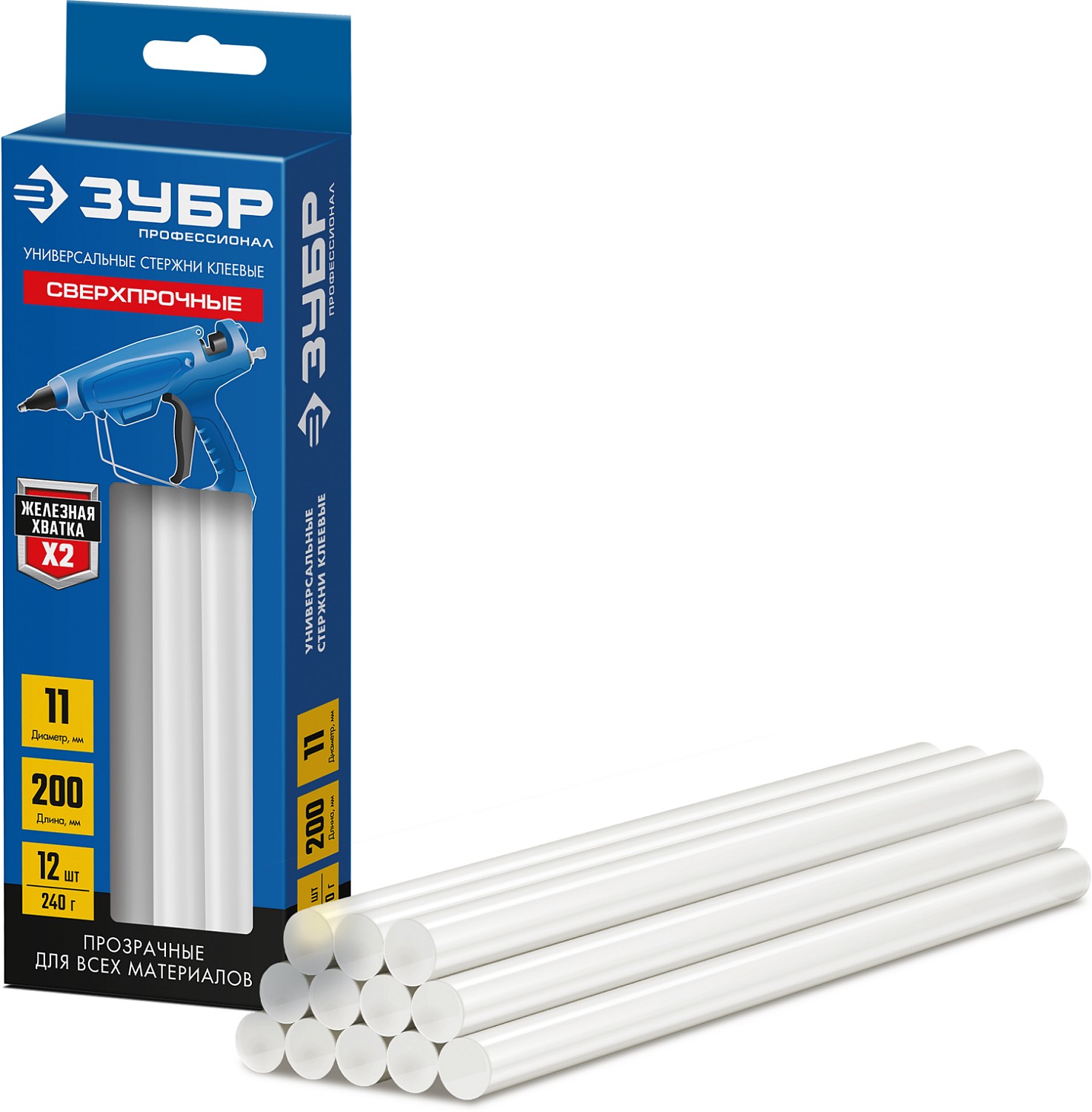 Стержни прозрачные сверхпрочные клеевые Профессионал, d 11x200 мм (11-12 мм) 12 шт. 240 г.