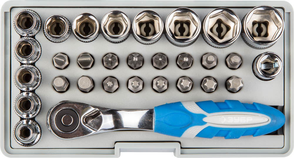 Набор ''ЭКСПЕРТ'': Биты 16шт,торцов головки с мини трещоткой 12шт,адаптер для бит SQ 1/4''хHex 1/4'',удлинит 1/4''/80мм