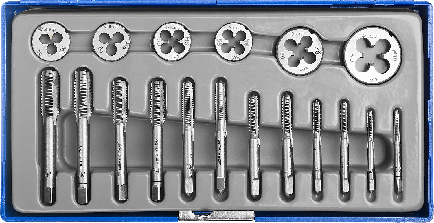 Набор метчиков и плашек в пластиковом боксе, сталь 9ХС 18 предметов