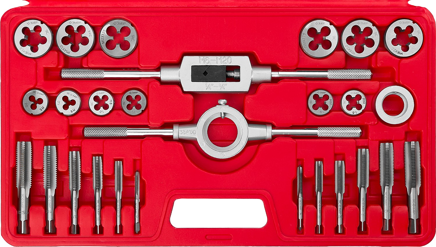 Набор метчиков и плашек в пластиковом боксе, сталь 9ХС 27 предметов