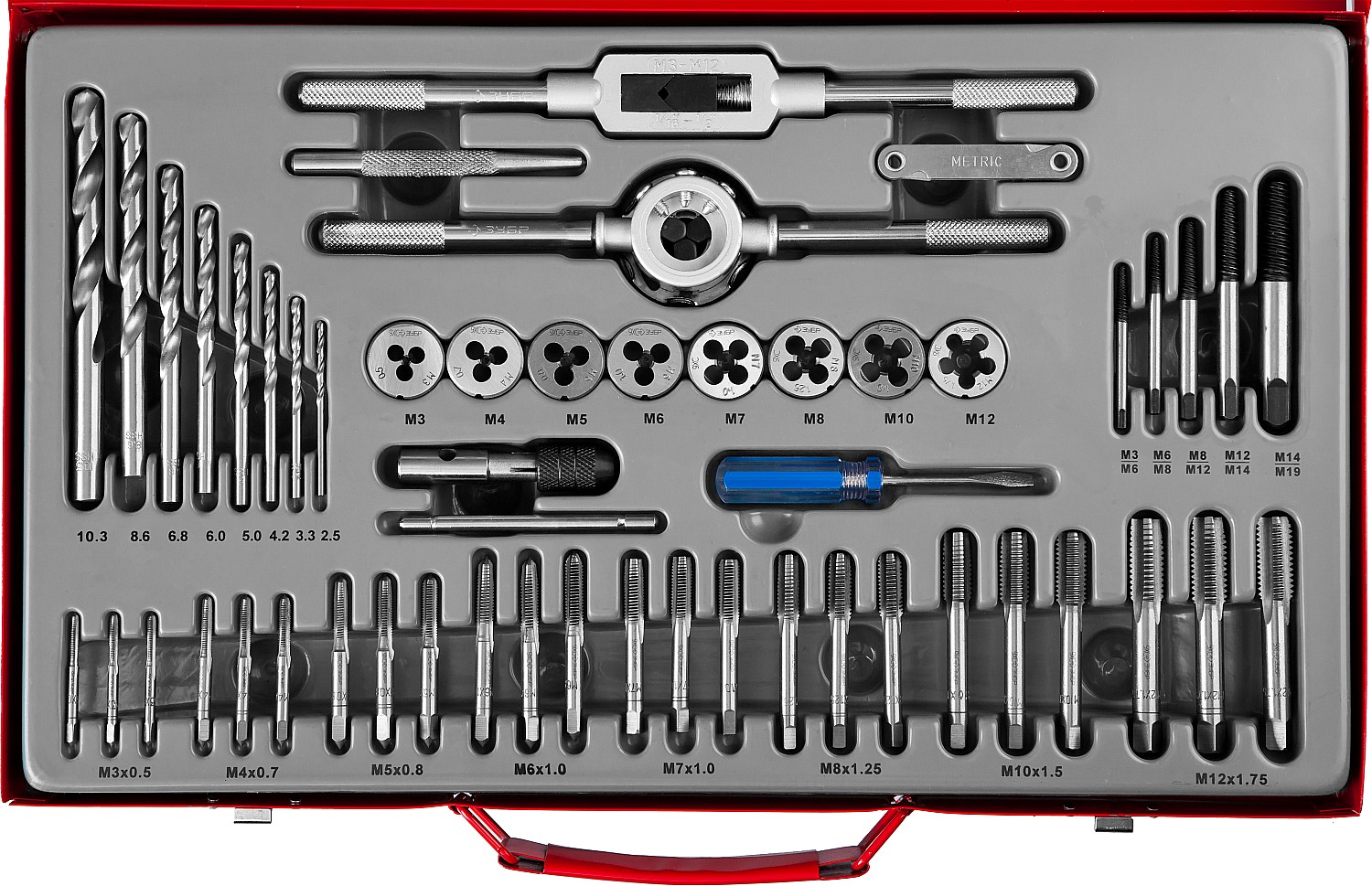 Набор метчиков и плашек ''Мастер'', сталь 9ХС, 52 предмета