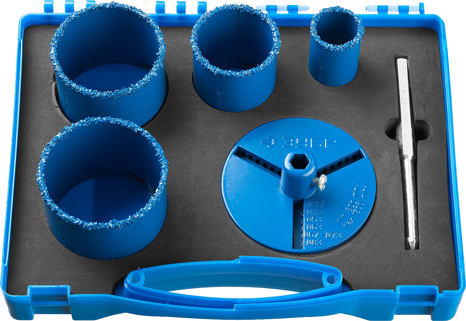 Набор кольцевых коронок ''Профессионал'' c карбид-вольфрамовым нанесением, 6 предм. в кейсе: коронки d 33, 53, 67, 73 мм, основание, сверло