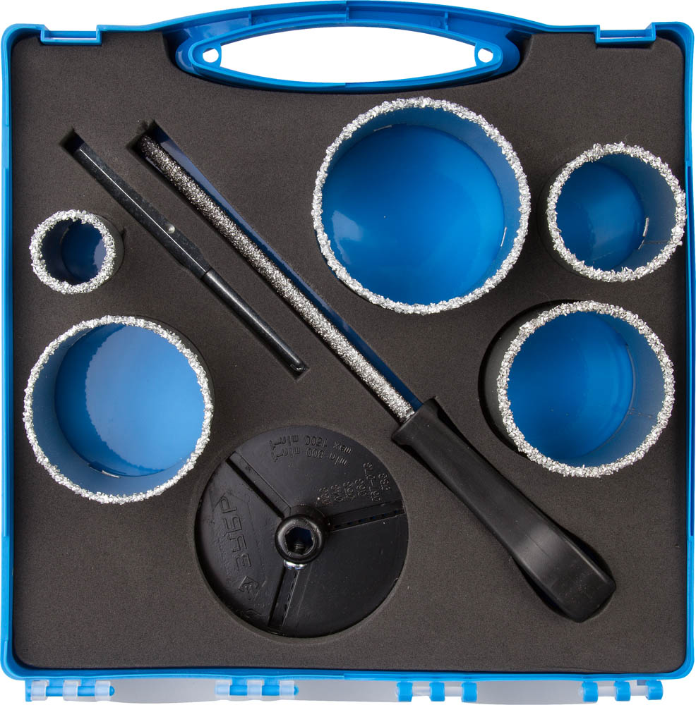 Набор Коронки ''ЭКСПЕРТ'' с карбид-вольфрамовой крошкой, 33, 53, 67, 73, 83мм, 8 предметов