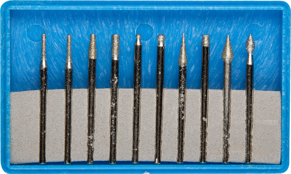 Набор : Мини-насадки с алмазным напылением в пластиковом боксе, P=180, хвостовик d=3мм, 10 предметов
