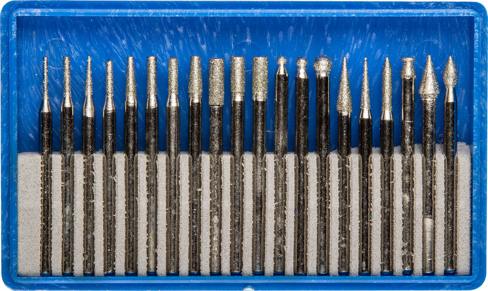 Набор : Мини-насадки с алмазным напылением в пластиковом боксе, P=180, хвостовик d=3мм, 20 предметов