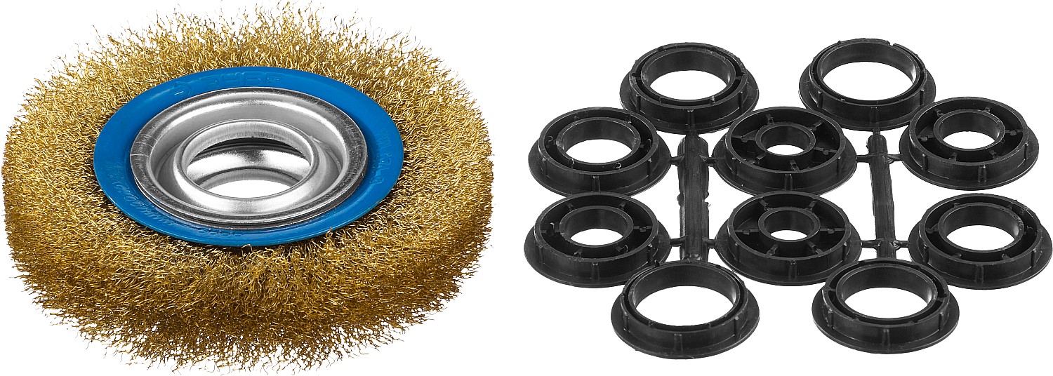 Щетка дисковая для точильно-шлифовального станка, витая стальная латунирован проволока 0,3мм, 125х32мм ''Профессионал''.