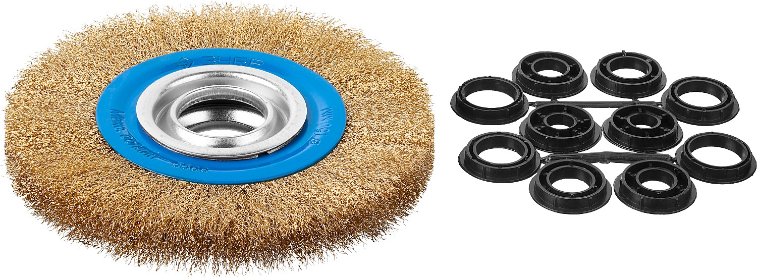 Щетка дисковая для точильно-шлифовального станка, витая стальная латунирован проволока 0,3мм, 150х32мм ''Профессионал''.