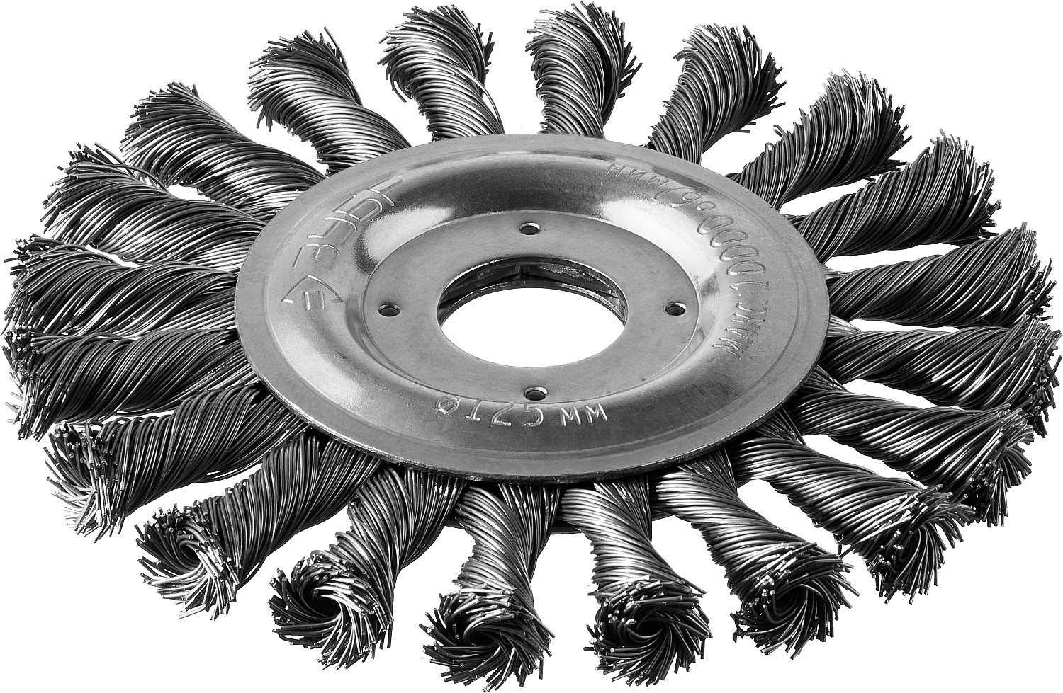 Щетка дисковая для УШМ, плетеные пучки стальной проволоки 0,5мм, 125х22мм ''Профессионал''.