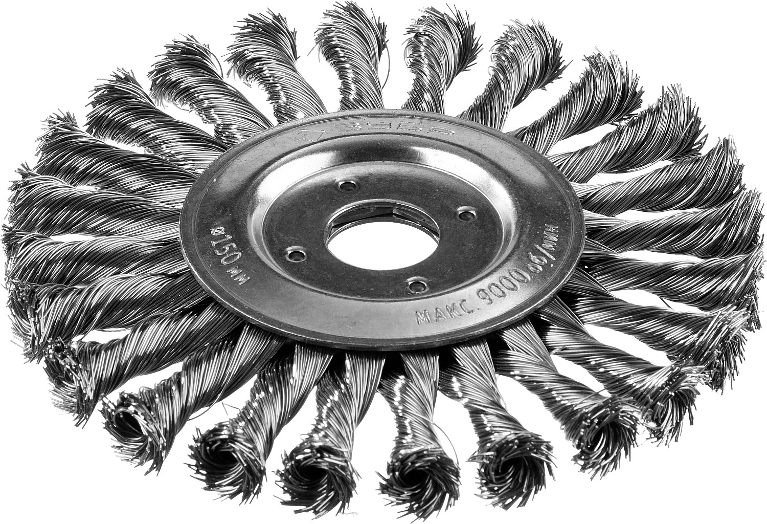 Щетка дисковая для УШМ, плетеные пучки стальной проволоки 0,5мм, 150х22мм ''Профессионал''.