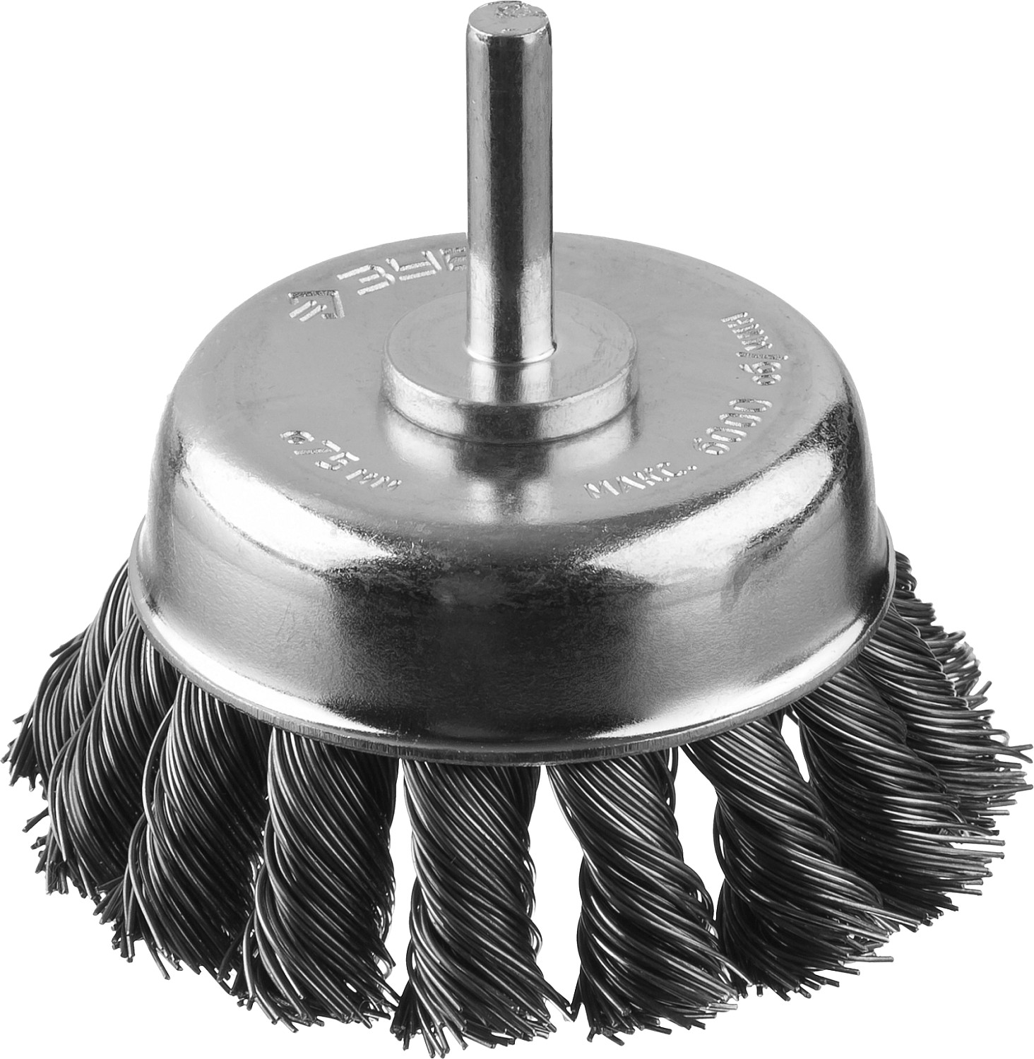 Щетка чашечная для дрели, жгутированная стальная проволока 0,5мм, 75мм ''Профессионал''.