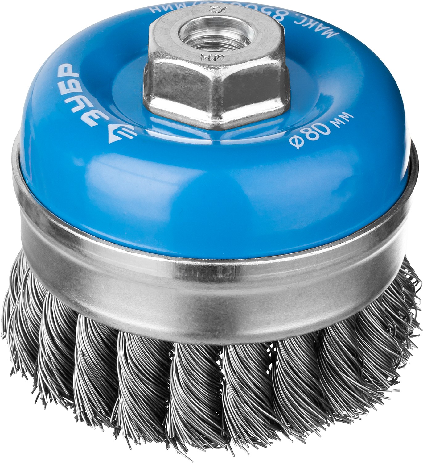 Щетка чашечная усиленная для УШМ, плетеные пучки стальной проволоки 0,5мм, 80ммхМ14 ''Профессионал''.