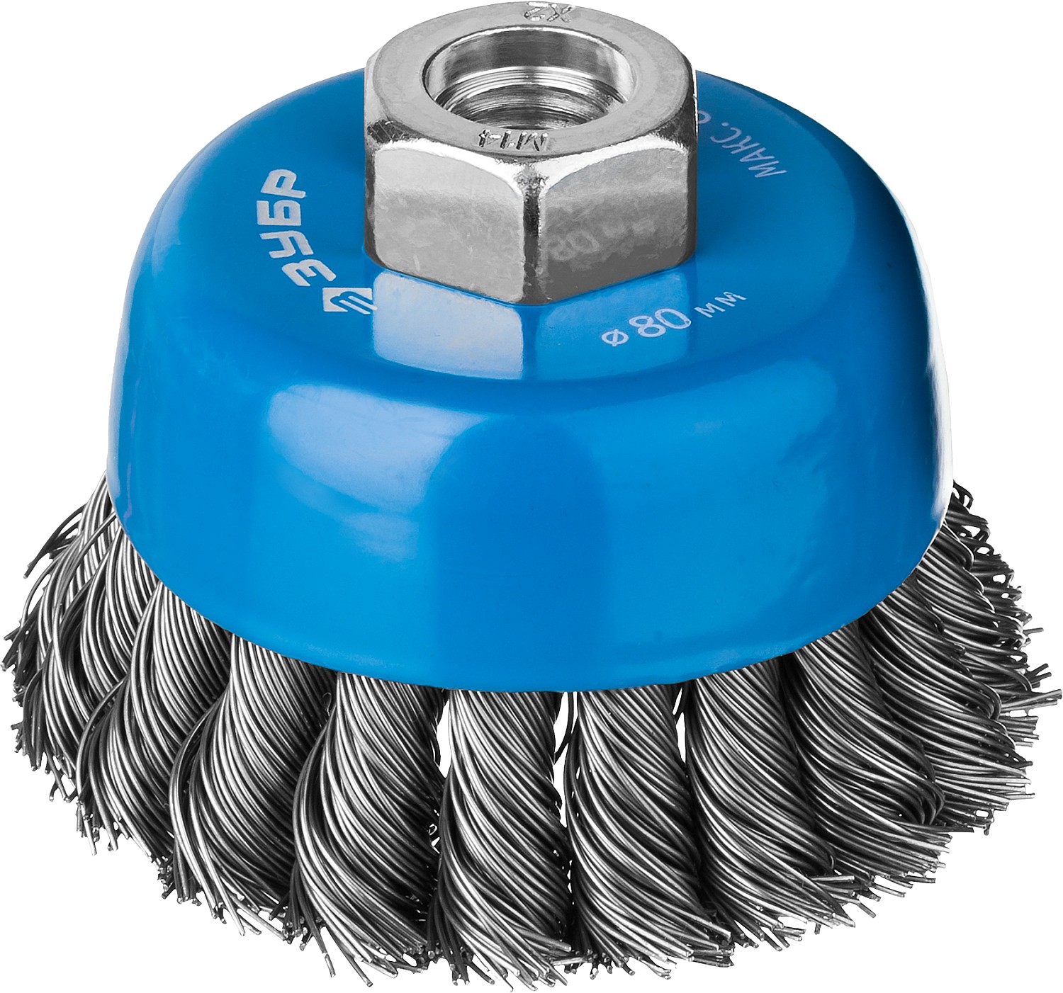 Щетка чашечная для УШМ, плетеные пучки стальной проволоки 0,5мм, 80ммхМ14 ''Профессионал''.