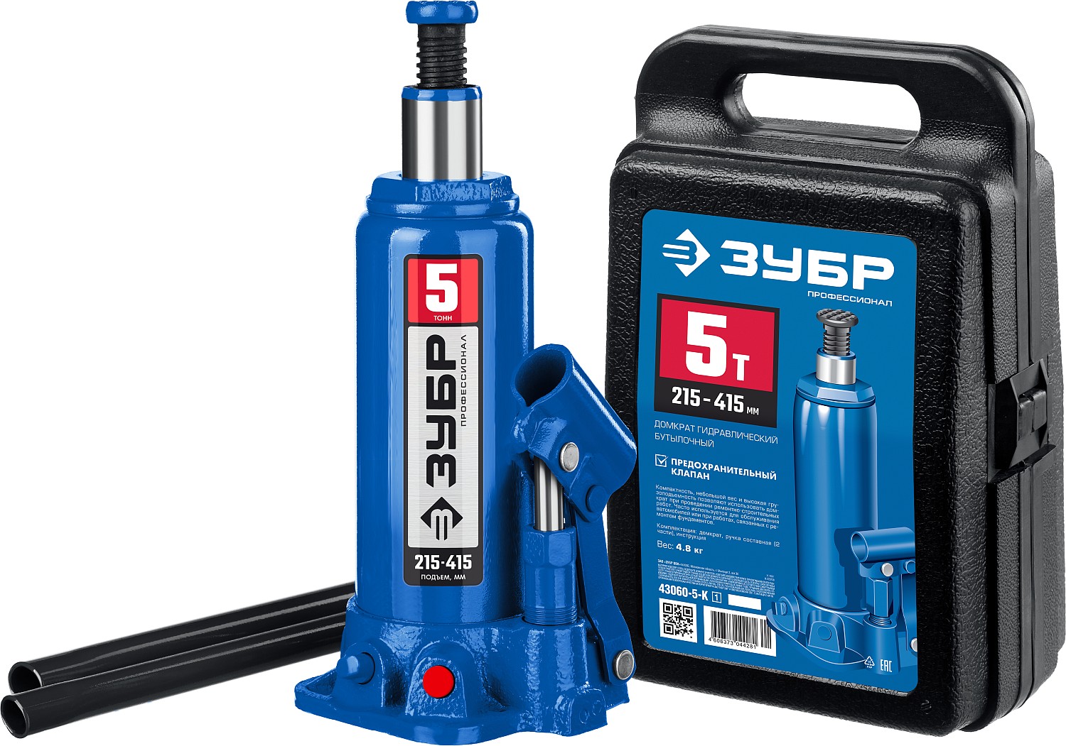 Домкрат бутылочный гидравлический в кейсе 5т, 215-415мм, Профессионал