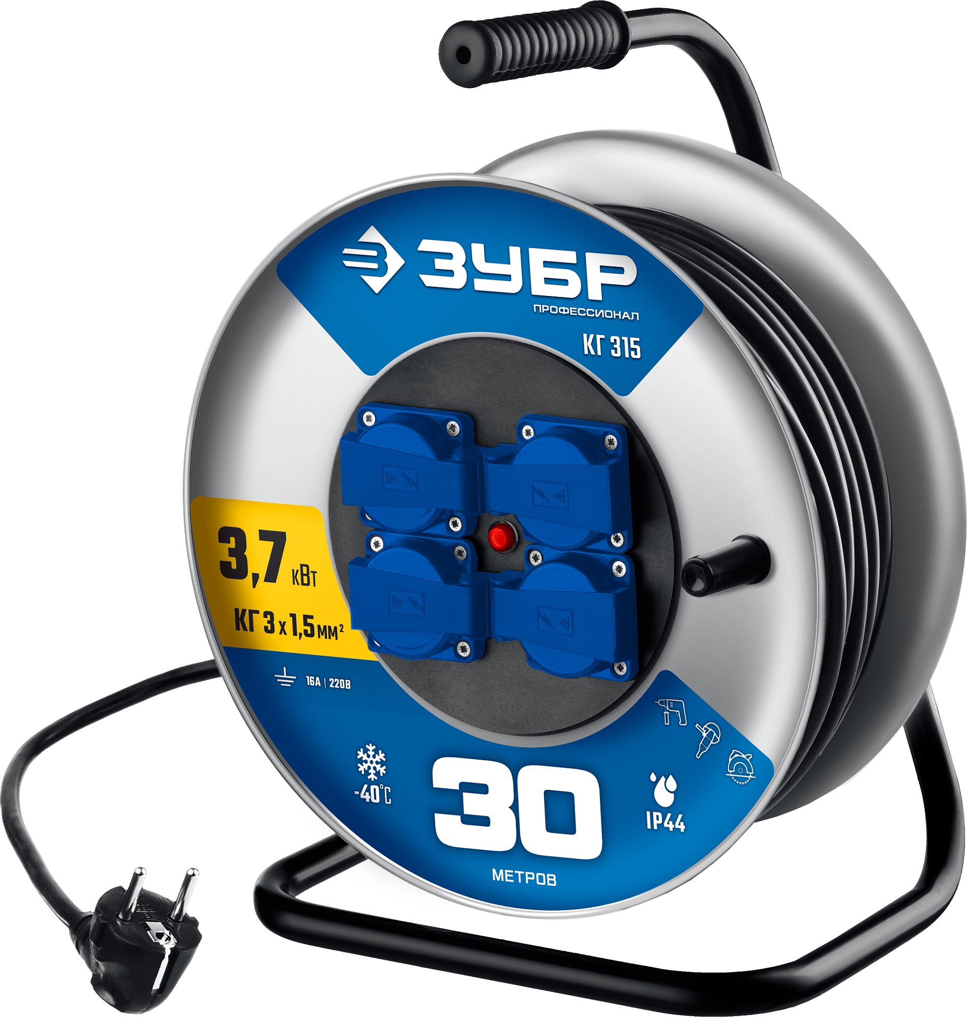 Удлинитель силовой на стальной катушке КГ-315, КГ, 3 x 1.5 мм2, 30 м, 3700 Вт, IP44, Профессионал