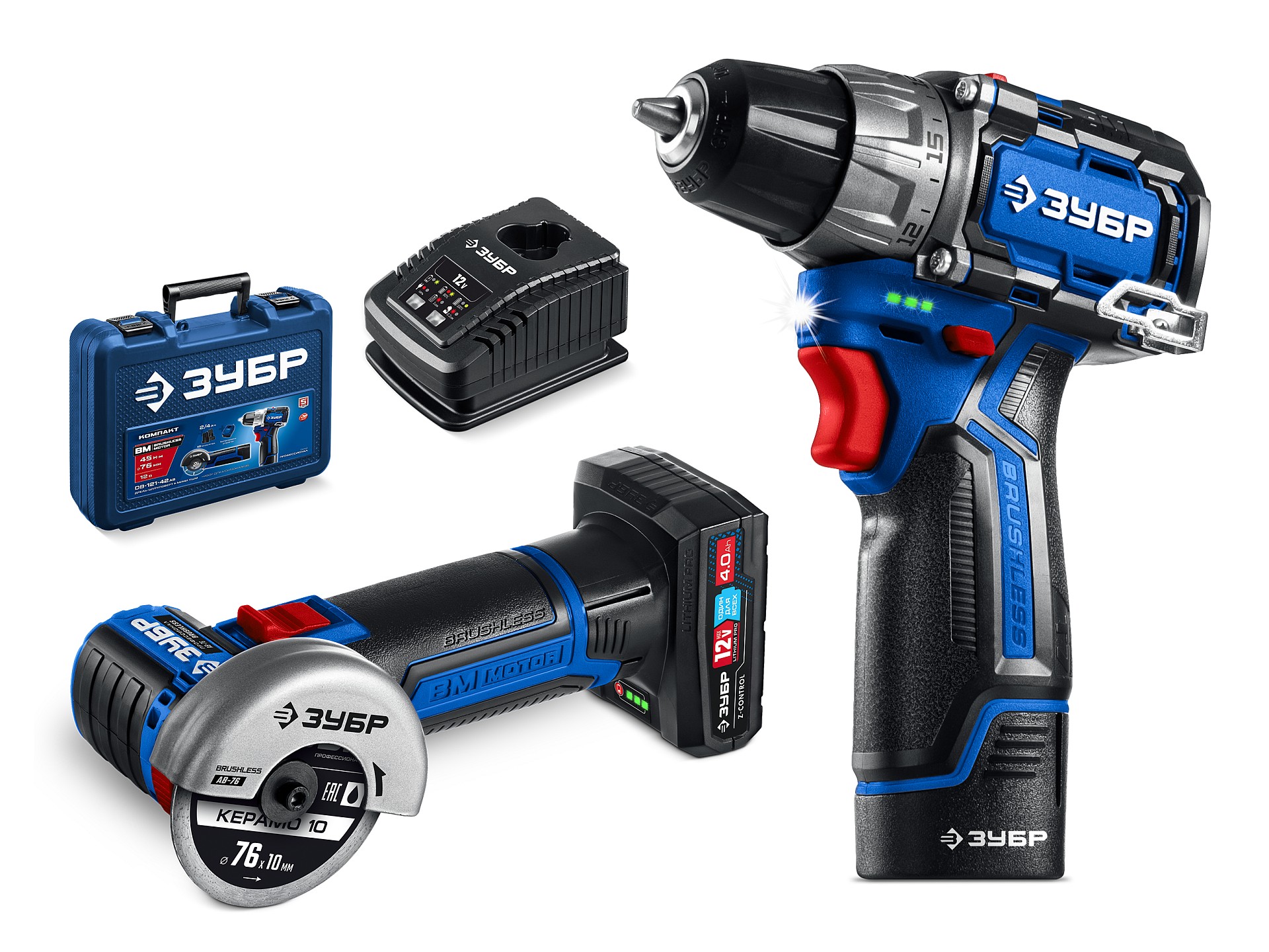 Набор, дрель-шуруповерт, мини УШМ, LED фонарь КОМПАКТ 5, BRUSHLESS, 12 В, 45 Н·м, 2 АКБ тип Т7 4 и 2 А·ч, кейс, Профессионал