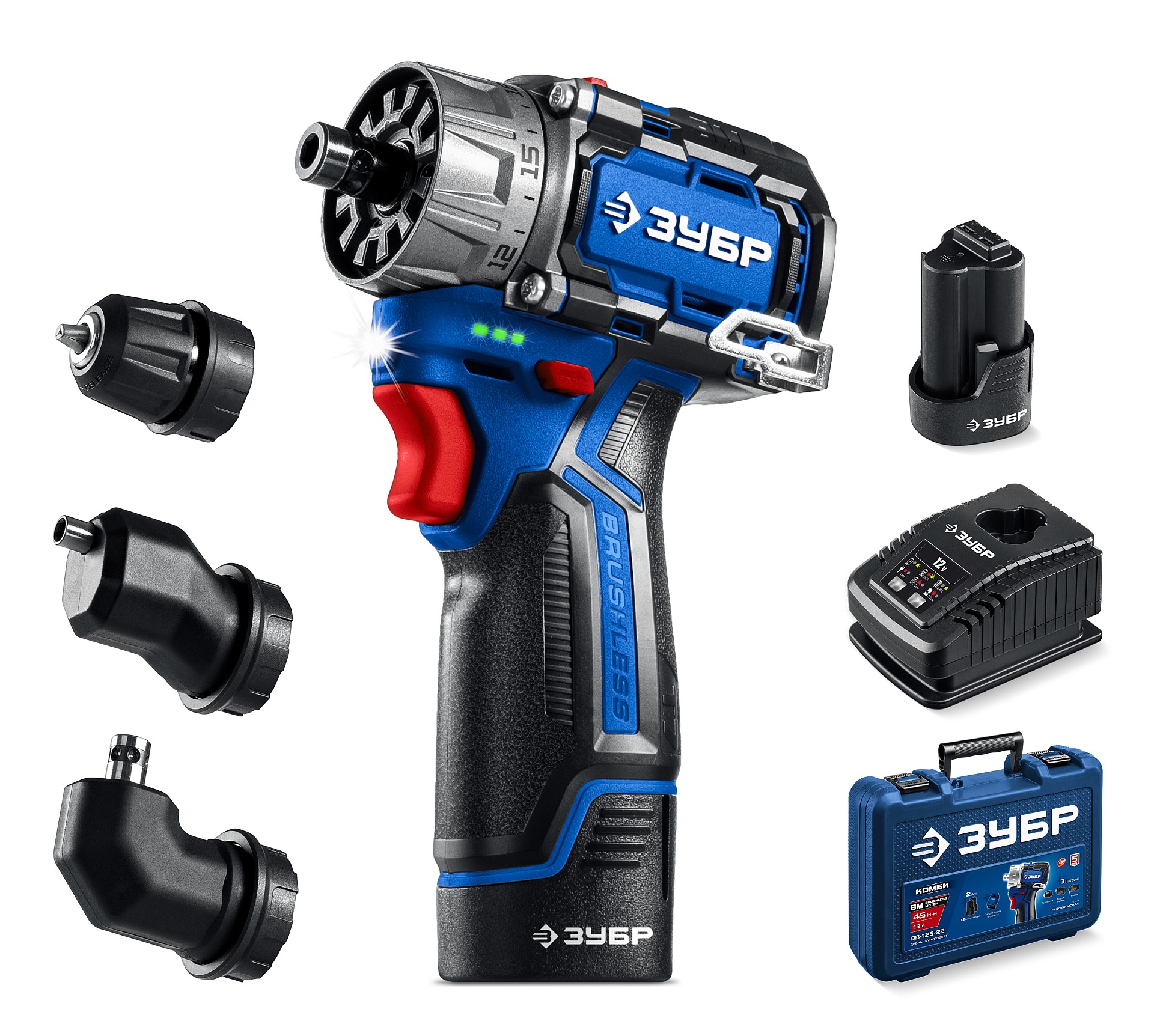 Дрель-шуруповерт модульная КОМБИ 3, 12 В, 45 Н·м, 2 АКБ тип Т7 2 А·ч, BRUSHLESS, кейс, Профессионал