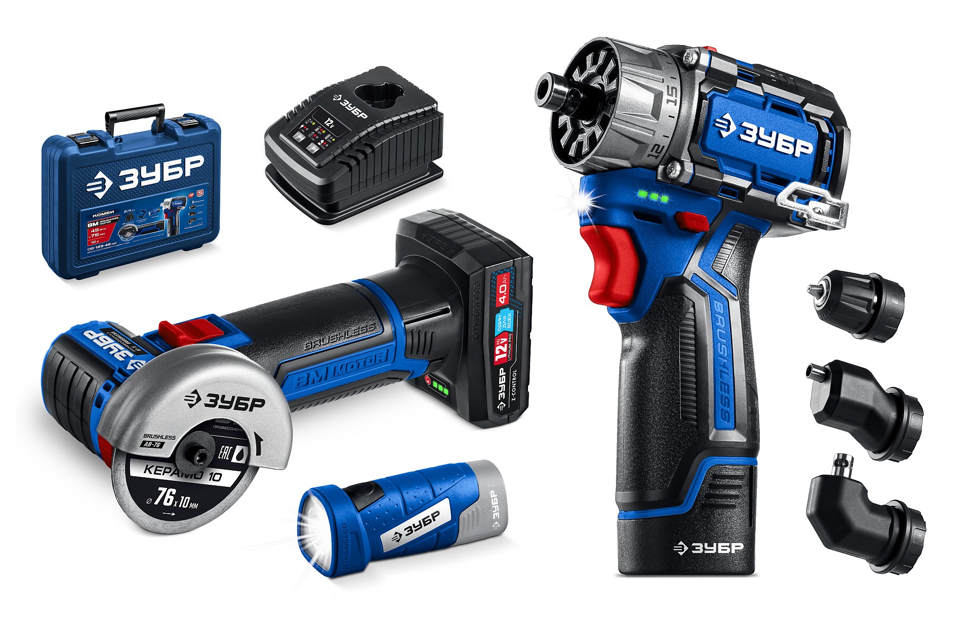 Набор, дрель-шуруповерт, мини УШМ, LED фонарь, КОМБИ 5, BRUSHLESS, 12 В, 45 Н·м, 2 АКБ тип Т7 4 и 2 А·ч, кейс, Профессионал