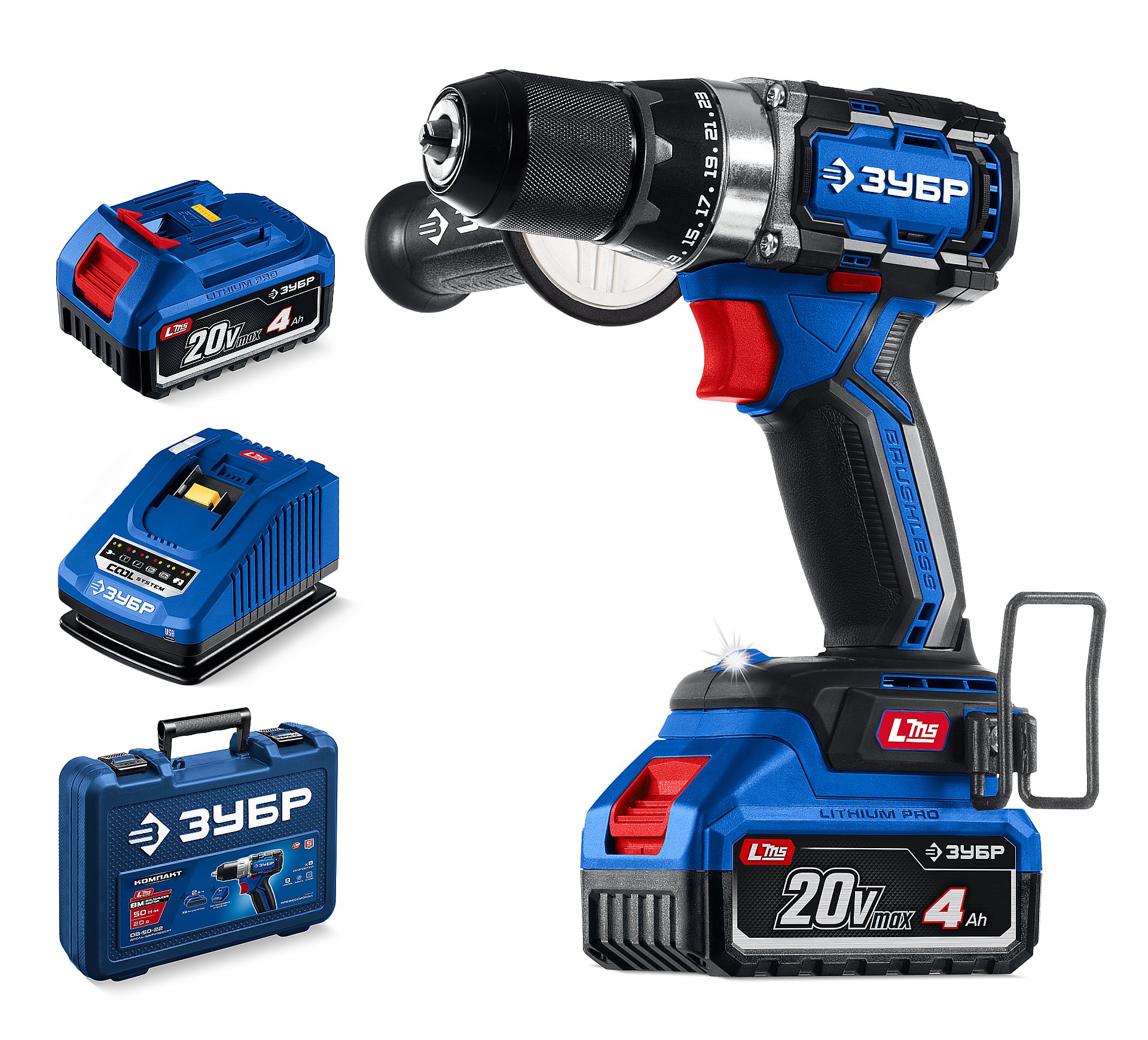 Дрель-шуруповерт, бесщеточная 20 В, 70 Н·м, 2 АКБ LMS 4 А·ч, кейс, ПРОФЕССИОНАЛ