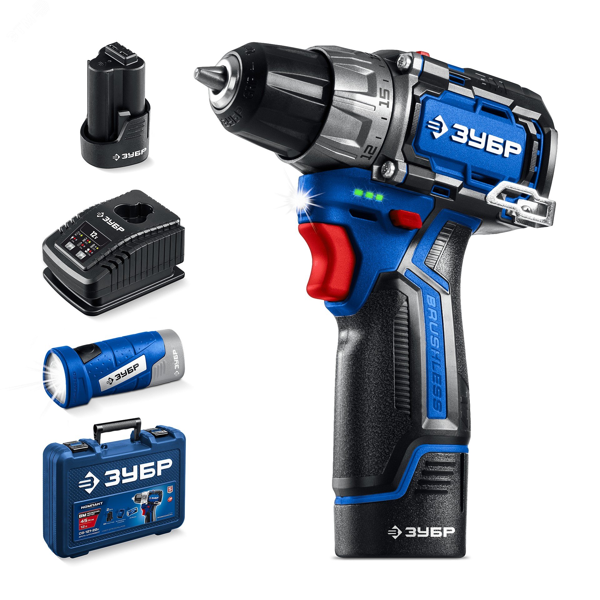 Изображение товара Дрель-шуруповерт BRUSHLESS 12 В 45 Нм ЗУБР КОМПАКТ 4 с двумя АКБ